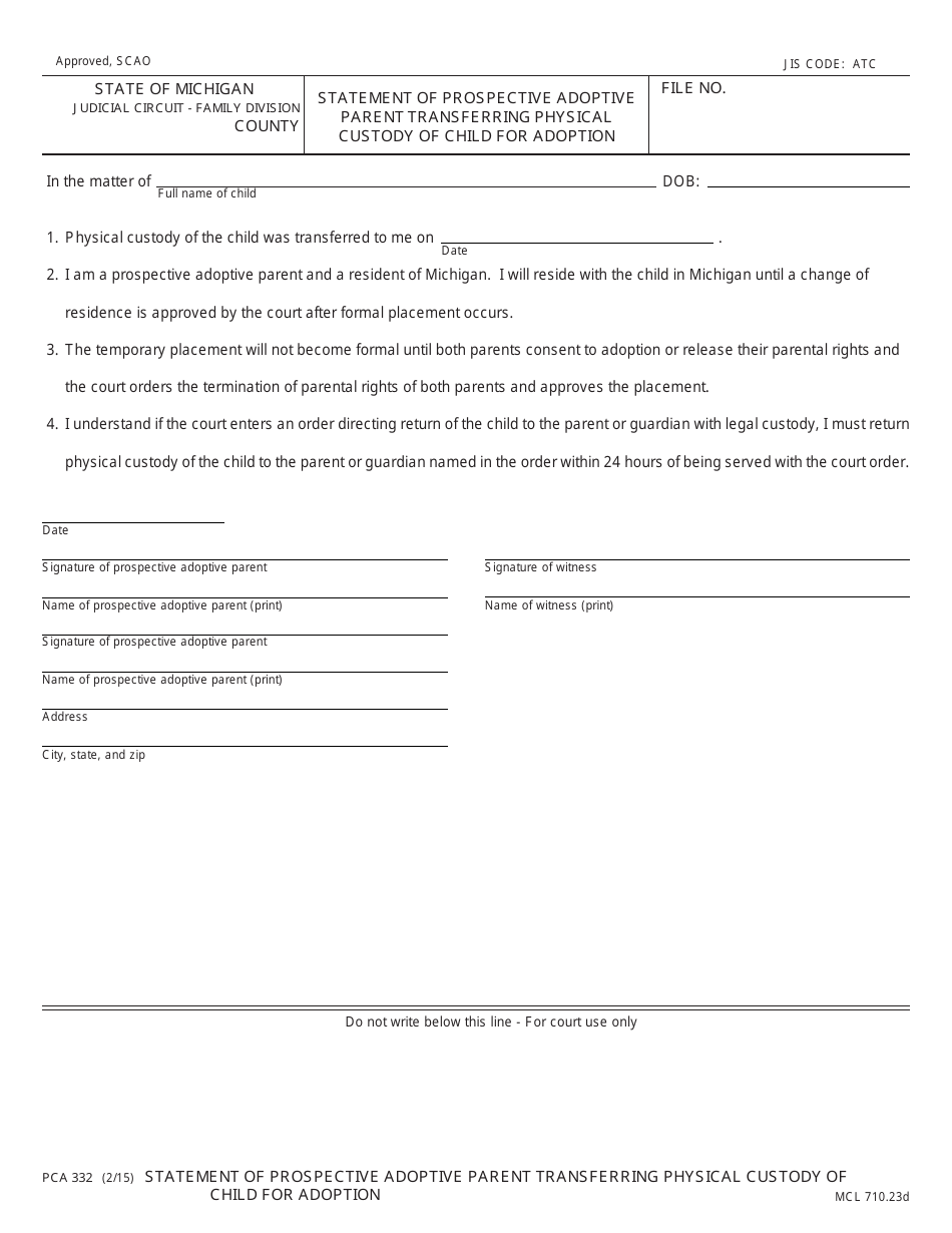 Form PCA332 Statement of Prospective Adoptive Parent Transferring Physical Custody of Child for Adoption - Michigan, Page 1