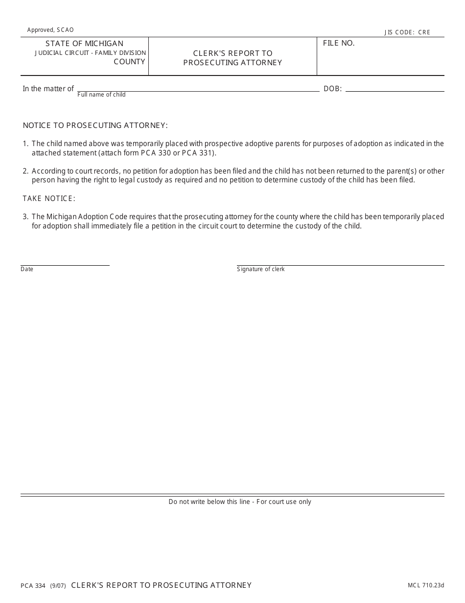 Form PCA334 Clerks Report to Prosecuting Attorney - Michigan, Page 1