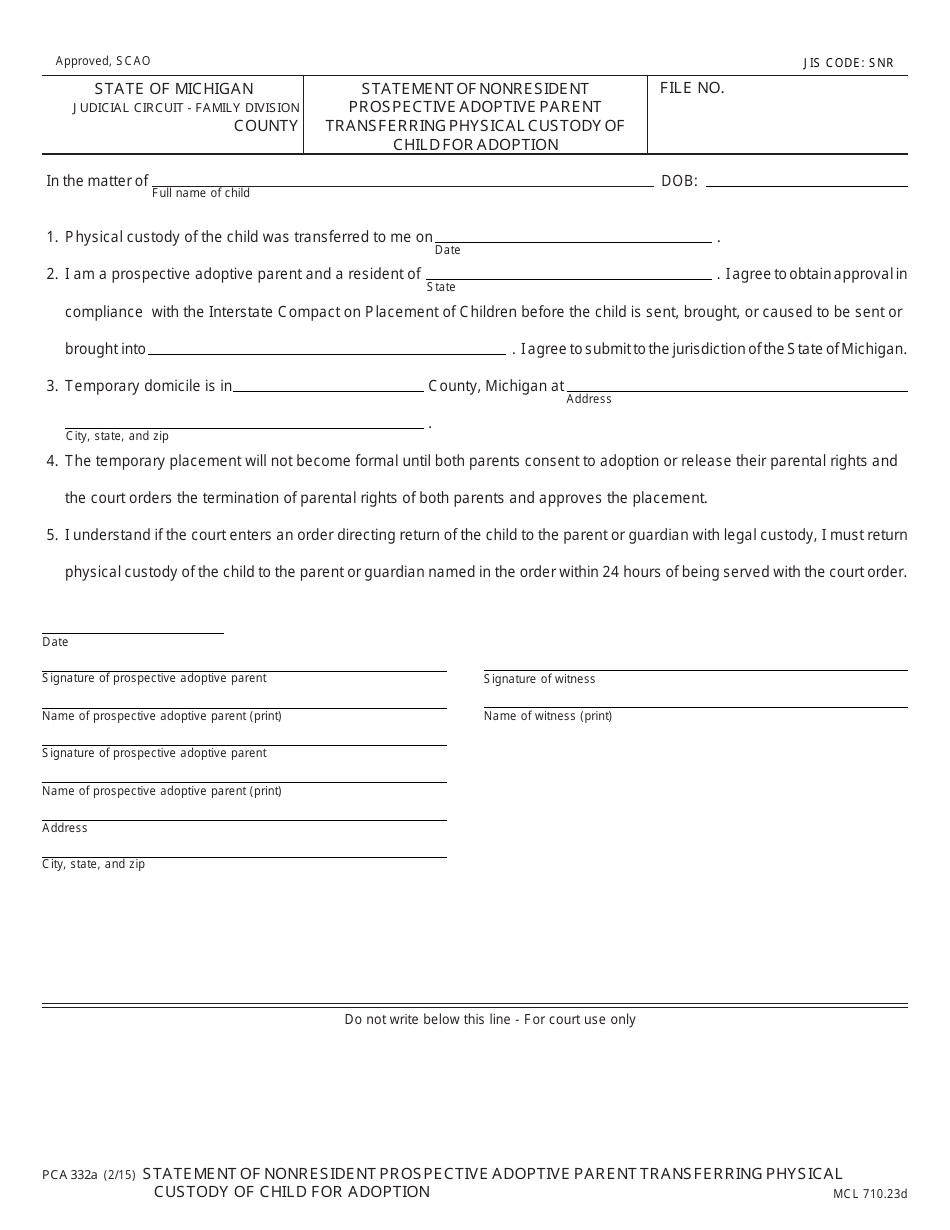 Form PCA332A Statement of Nonresident Prospective Adoptive Parent Transferring Physical Custody of Child for Adoption - Michigan, Page 1