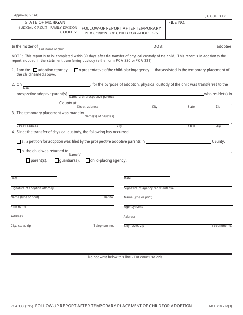 Form PCA333 Follow-Up Report After Temporary Placement of Child for Adoption - Michigan
