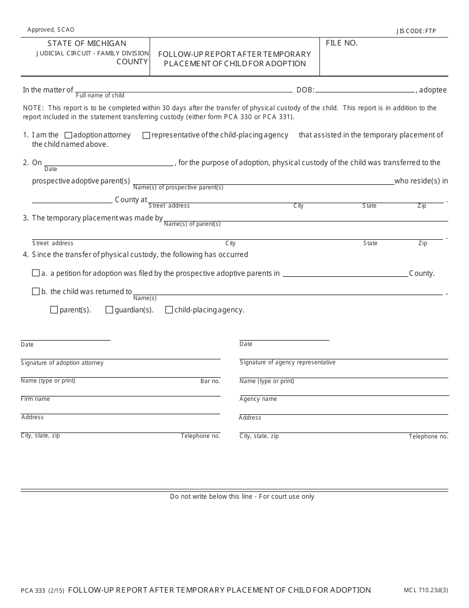Form PCA333 Follow-Up Report After Temporary Placement of Child for Adoption - Michigan, Page 1