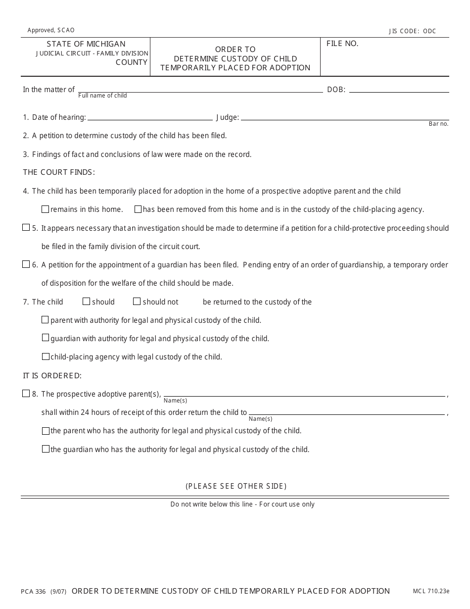 Form PCA336 Order to Determine Custody of Child Temporarily Placed for Adoption - Michigan, Page 1