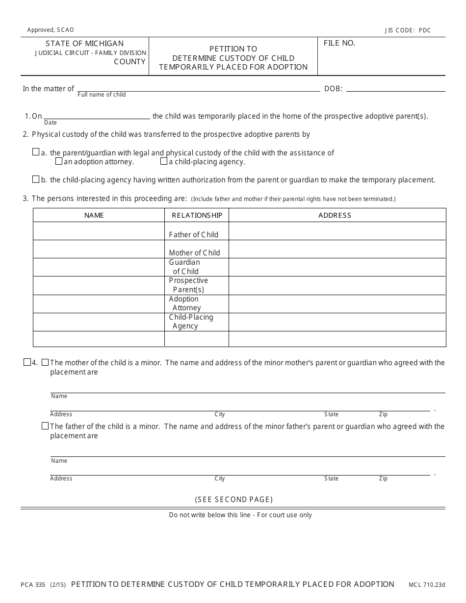 Form PCA335 Petition to Determine Custody of Child Temporarily Placed for Adoption - Michigan, Page 1