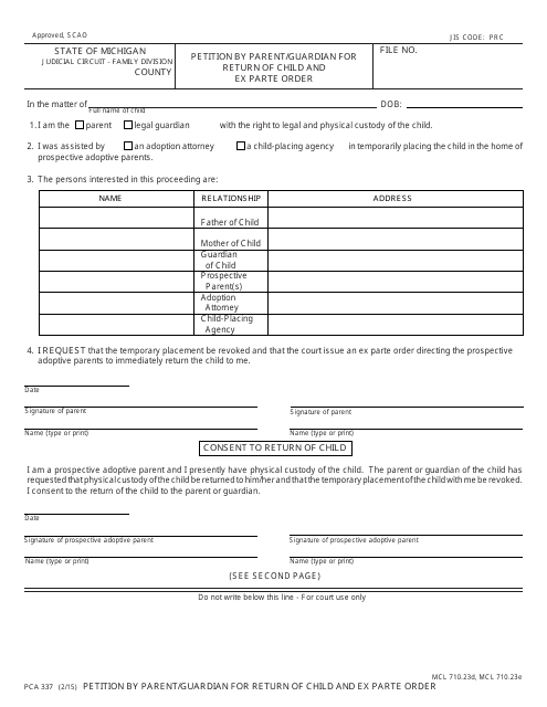 Form PCA337 Petition by Parent/Guardian for Return of Child and Ex Parte Order - Michigan