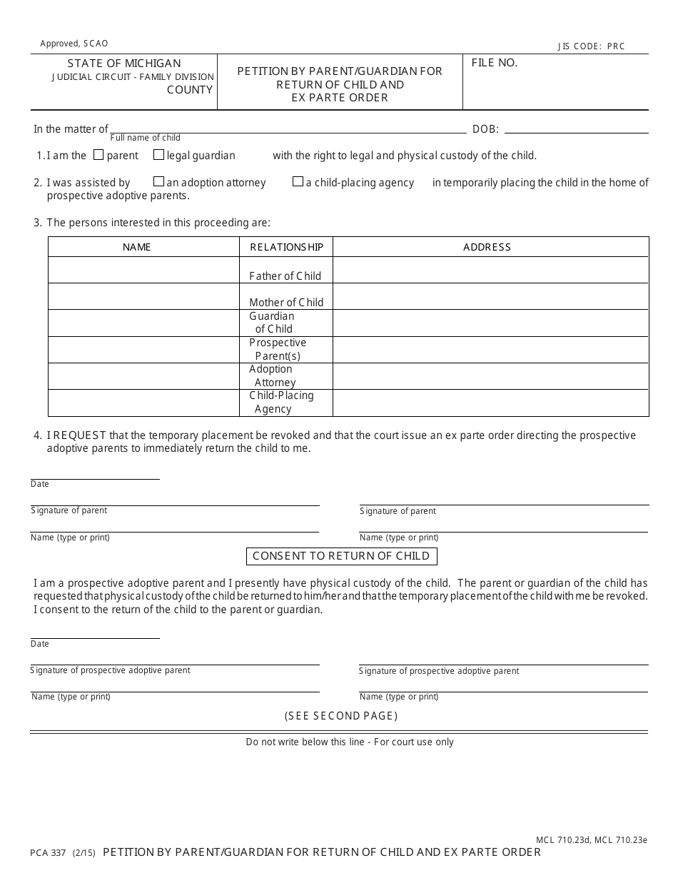 Form PCA337 Petition by Parent / Guardian for Return of Child and Ex Parte Order - Michigan, Page 1