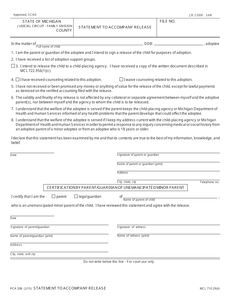Form PCA338 Statement to Accompany Release - Michigan, Page 1