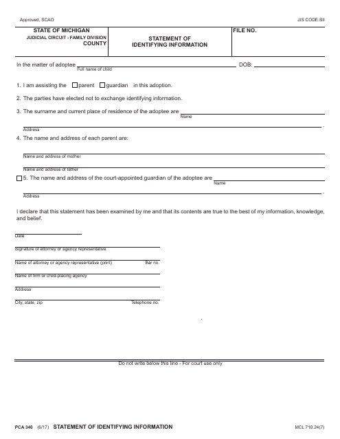 Form PCA340 Statement of Identifying Information - Michigan