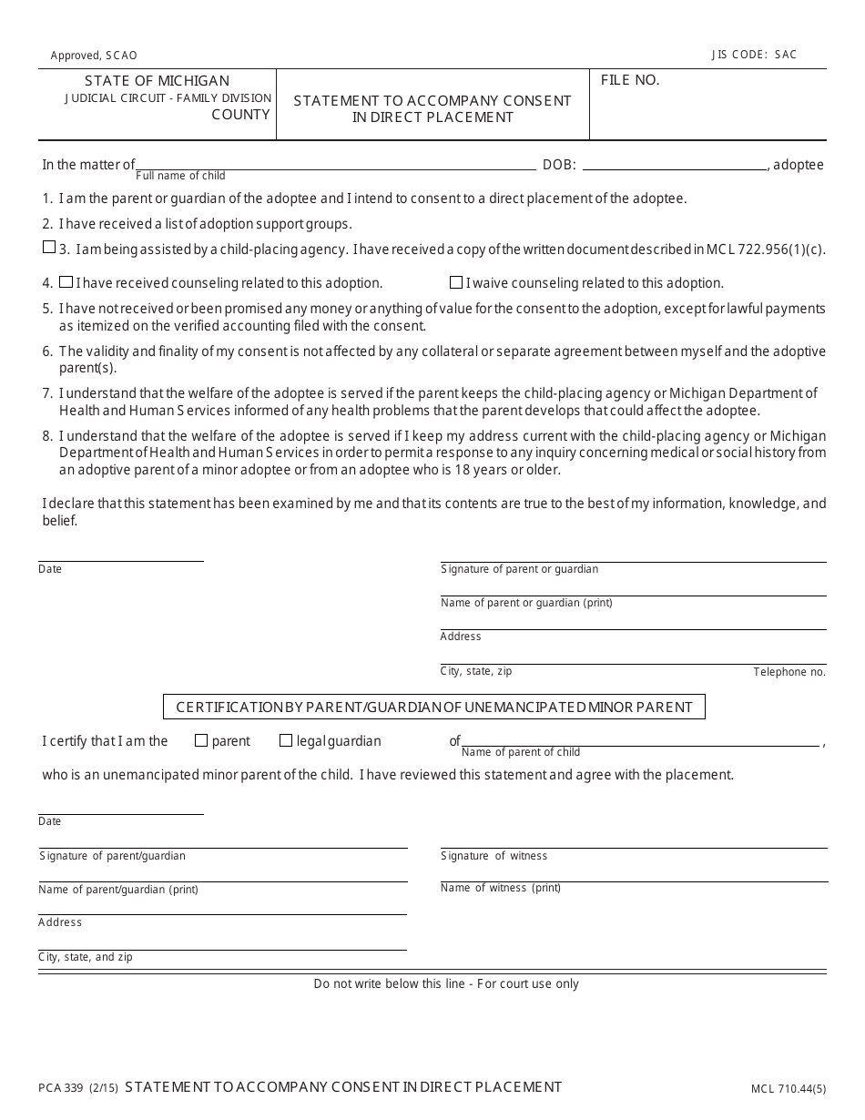 Form PCA339 Statement to Accompany Consent in Direct Placement - Michigan, Page 1