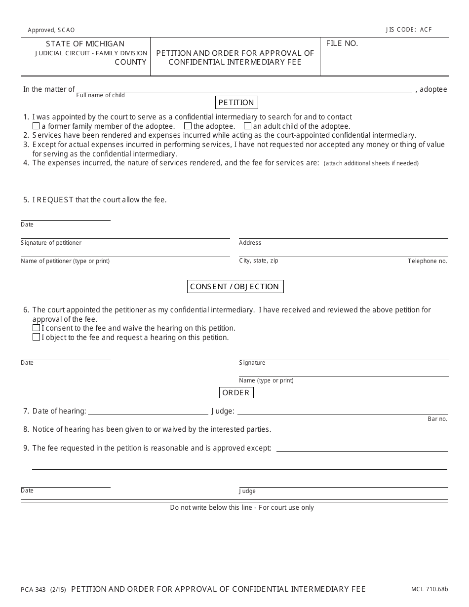 Form PCA343 Petition and Order for Approval of Confidential Intermediary Fee - Michigan, Page 1