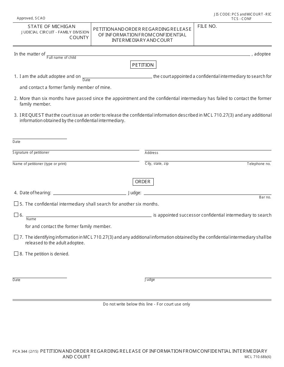 Form PCA344 Petition and Order Regarding Release of Information From Confidential Intermediary and Court - Michigan, Page 1
