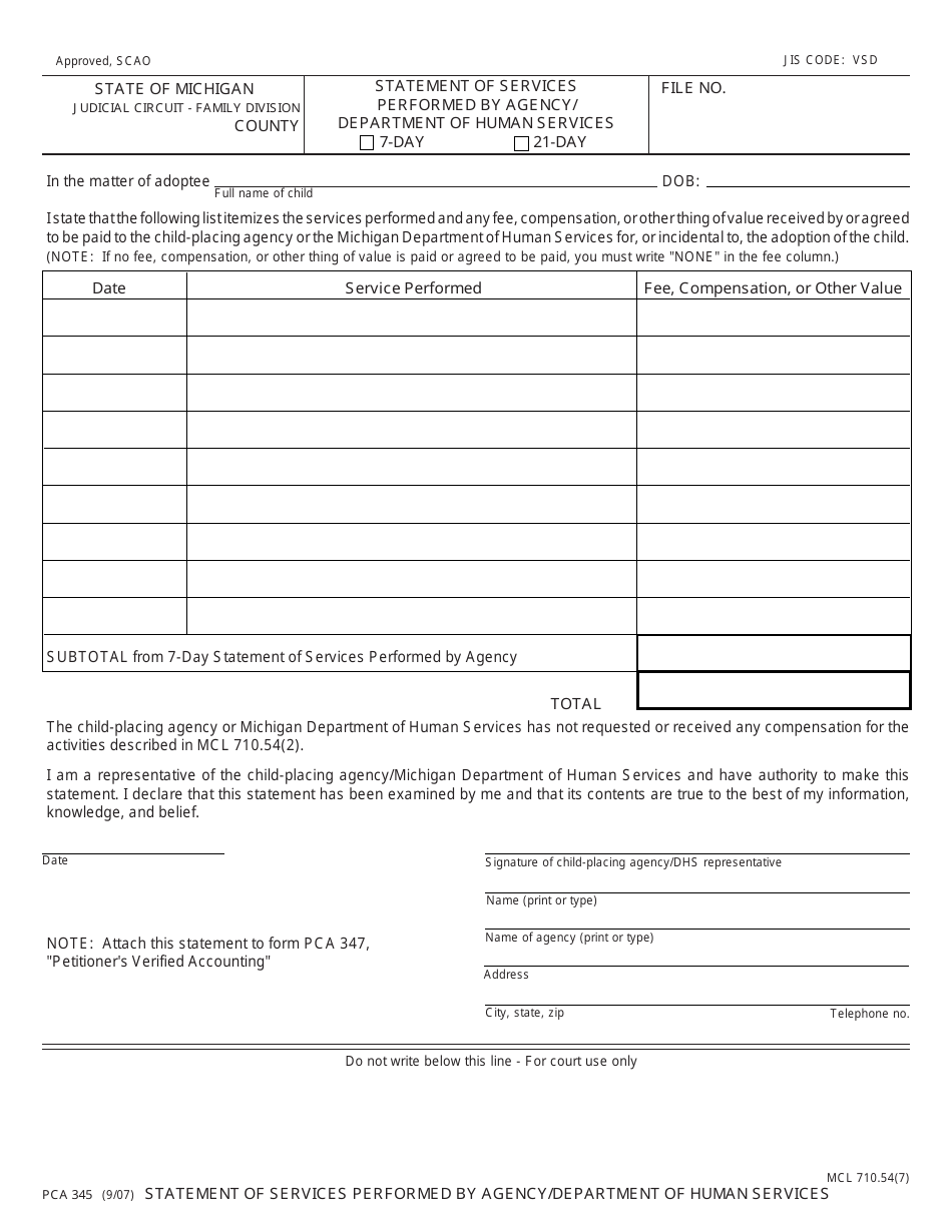 Form PCA345 Statement of Services Performed by Agency / Department of Human Services - Michigan, Page 1
