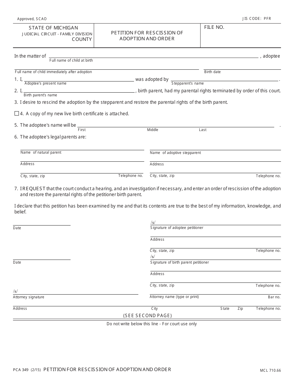 Form PCA349 Petition for Rescission of Adoption and Order - Michigan, Page 1