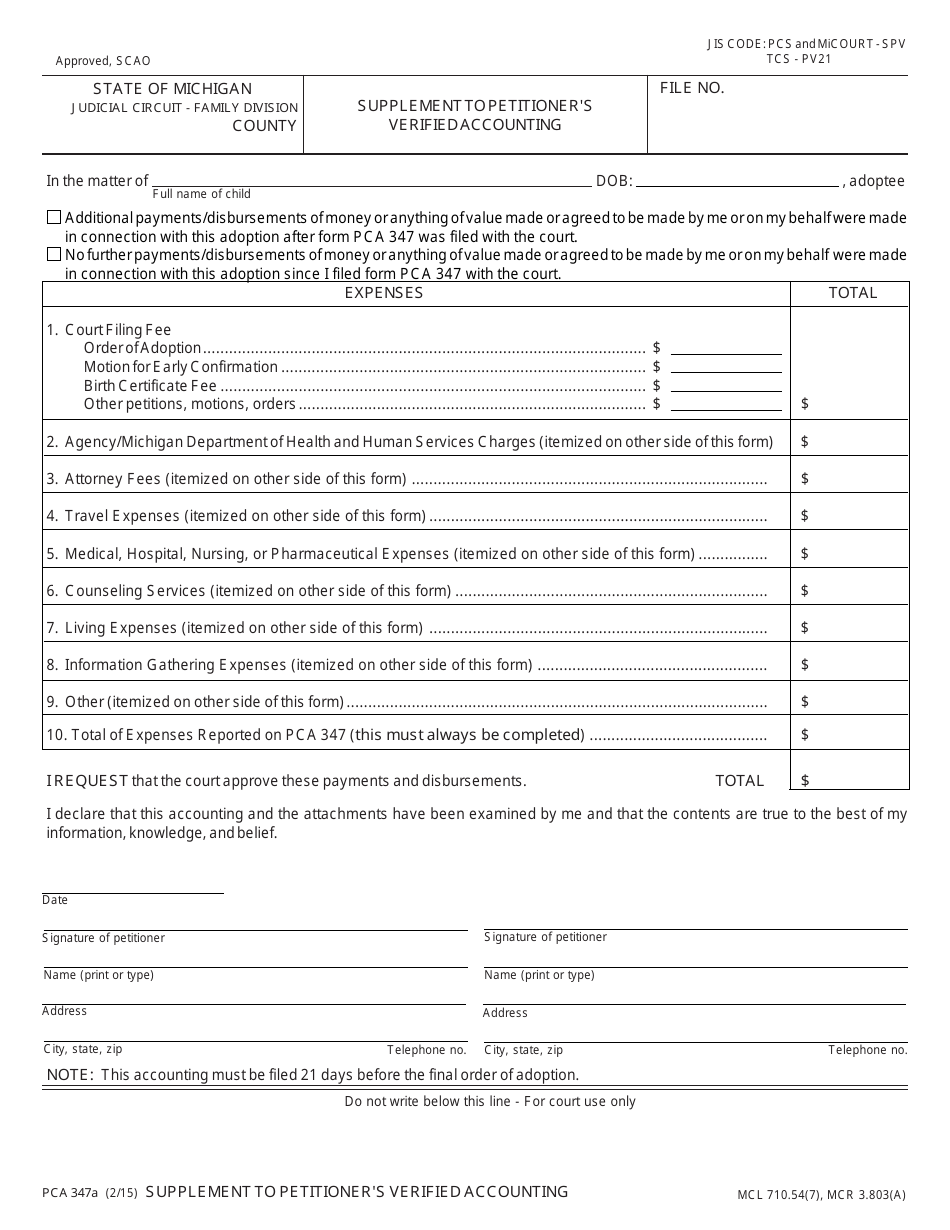 Form PCA347A Supplement to Petitioners Verified Accounting - Michigan, Page 1