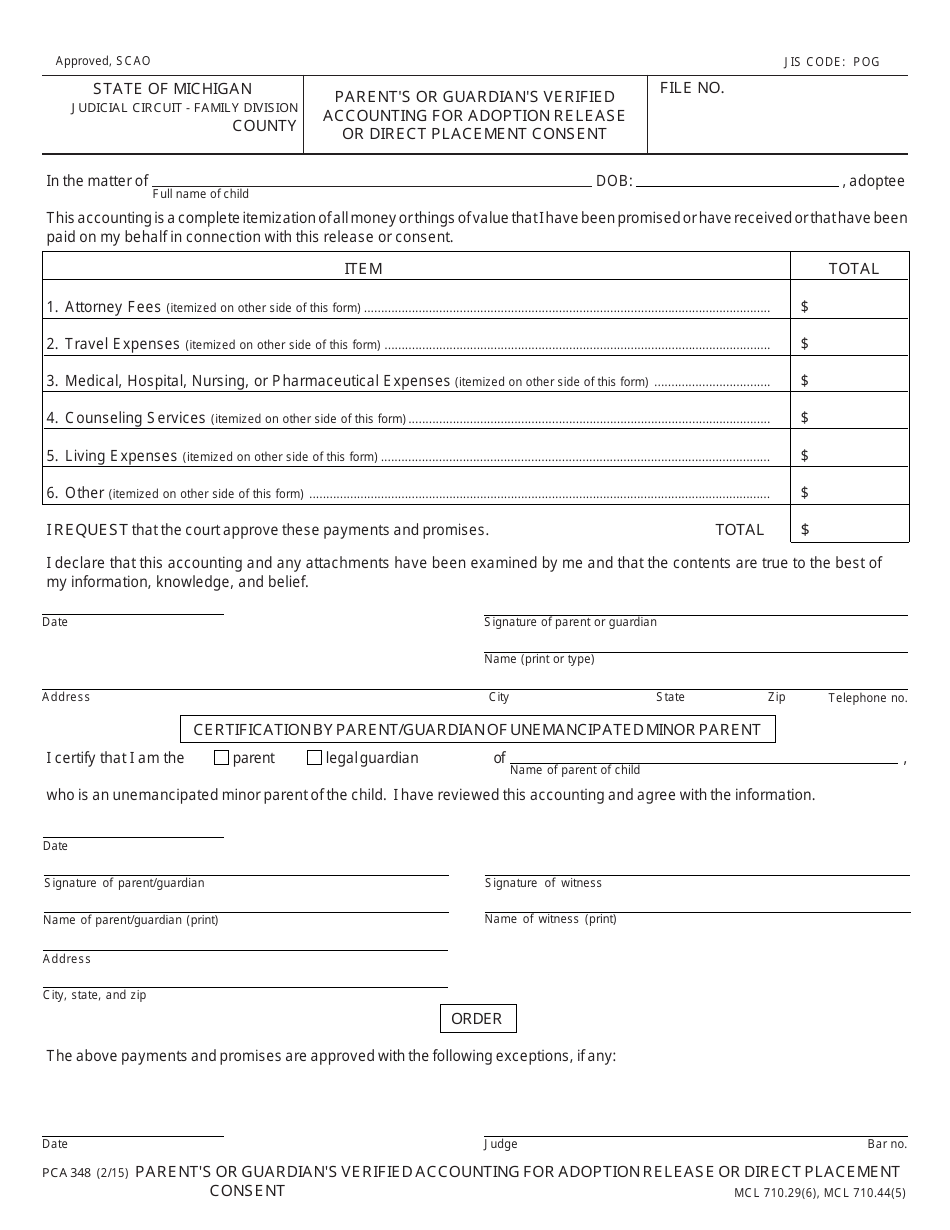 Form PCA348 Parents or Guardians Verified Accounting for Adoption Release or Direct Placement Consent - Michigan, Page 1