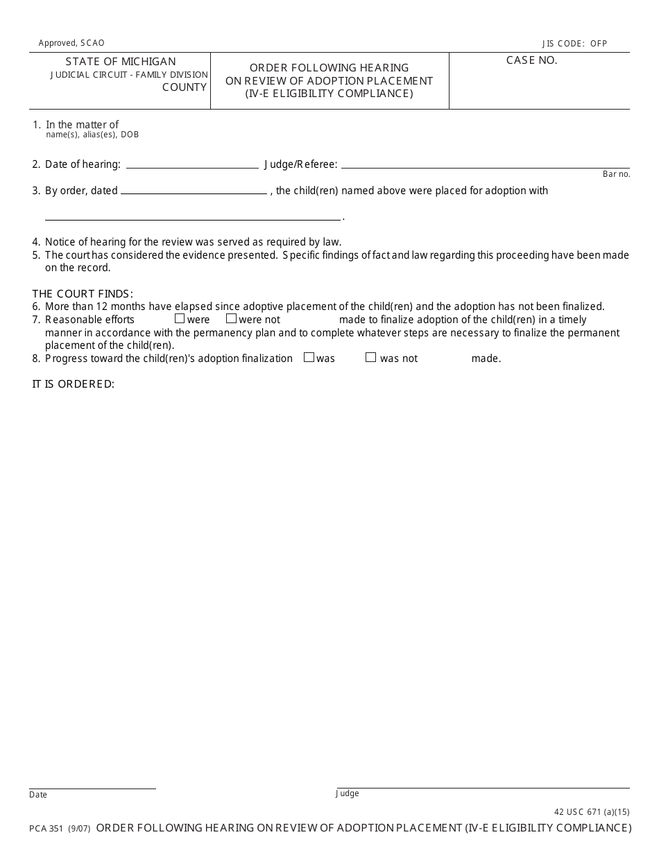 Form PCA351 Order Following Hearing on Review of Adoption Placement (IV-E Eligibility Compliance) - Michigan, Page 1