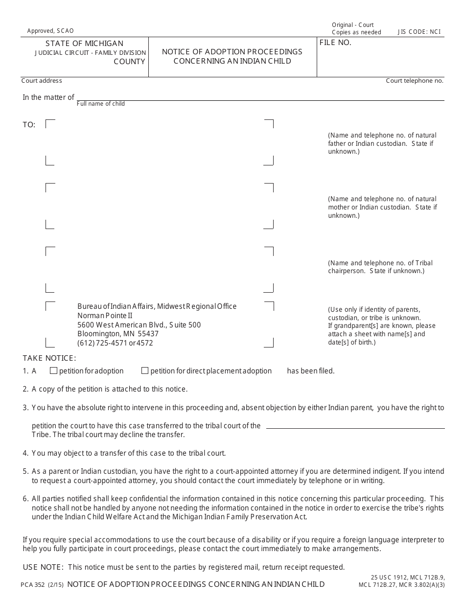 Form PCA352 Notice of Adoption Proceedings Concerning an Indian Child - Michigan, Page 1