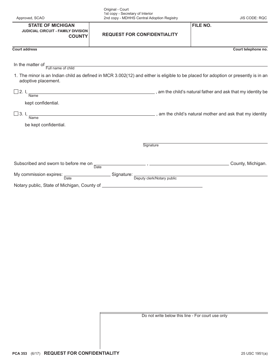 Form PCA353 Request for Confidentiality - Michigan, Page 1