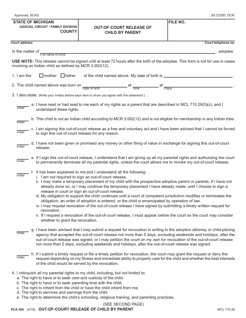 Form PCA354  Printable Pdf