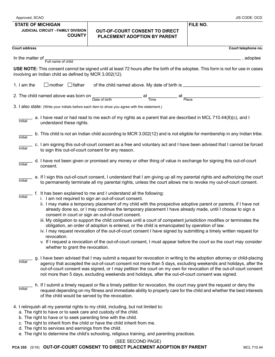 Form PCA355 Out-Of-Court Consent to Direct Placement Adoption by Parent - Michigan, Page 1