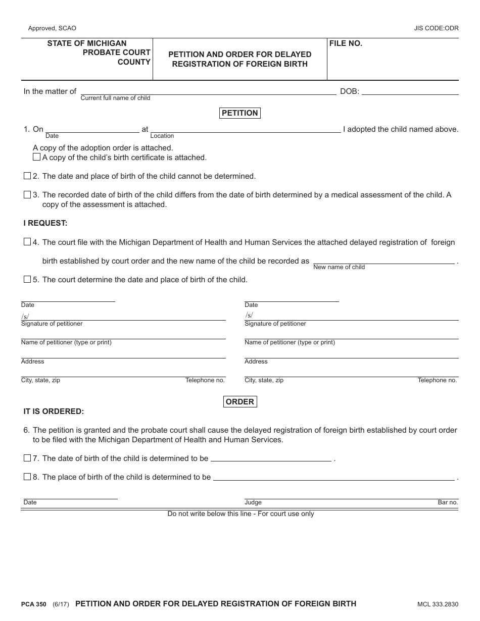 Form PCA350 Petition and Order for Delayed Registration of Foreign Birth - Michigan, Page 1