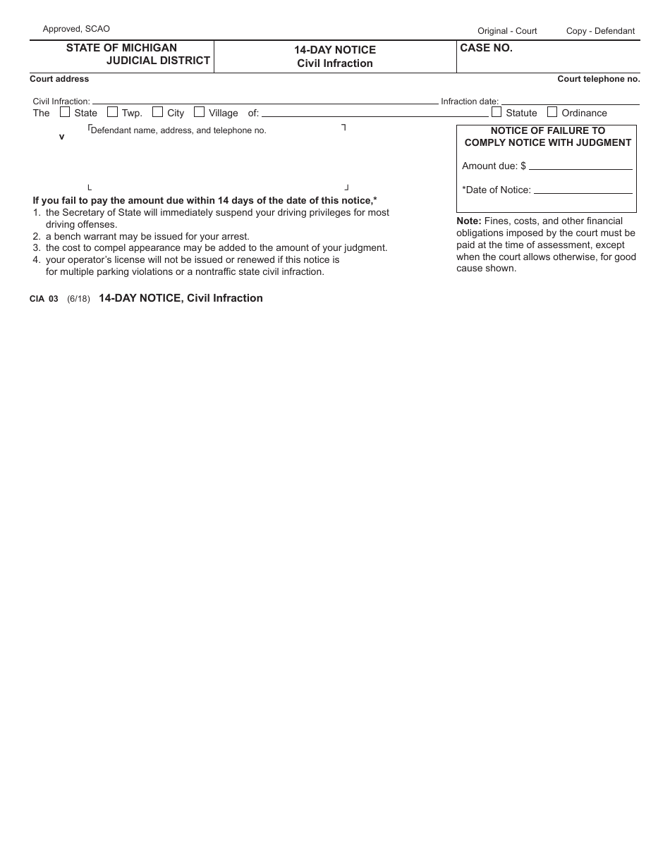 Form CIA03 14-day Notice - Civil Infraction - Michigan, Page 1