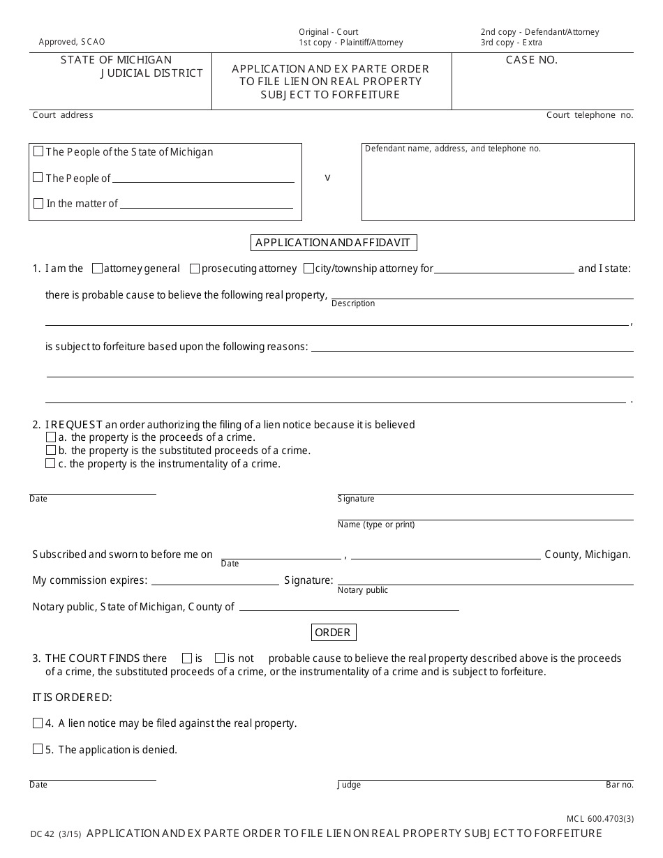 Form DC42 Application and Ex Parte Order to File Lien on Real Property Subject to Forfeiture - Michigan, Page 1
