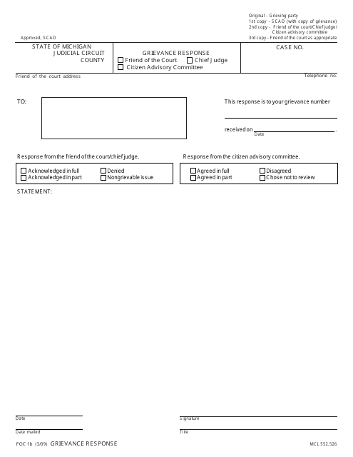 Form FOC1B Grievance Response - Michigan