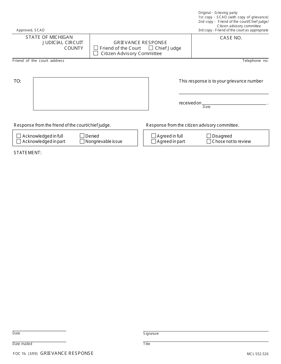 Form FOC1B Grievance Response - Michigan, Page 1
