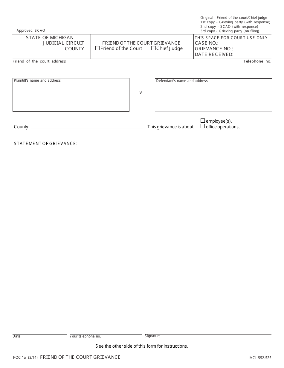 Form FOC1A Friend of the Court Grievance - Michigan, Page 1