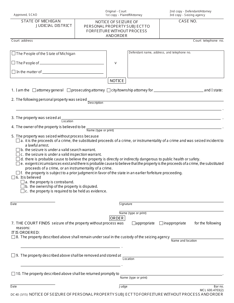 Form DC40 - Fill Out, Sign Online and Download Fillable PDF, Michigan ...