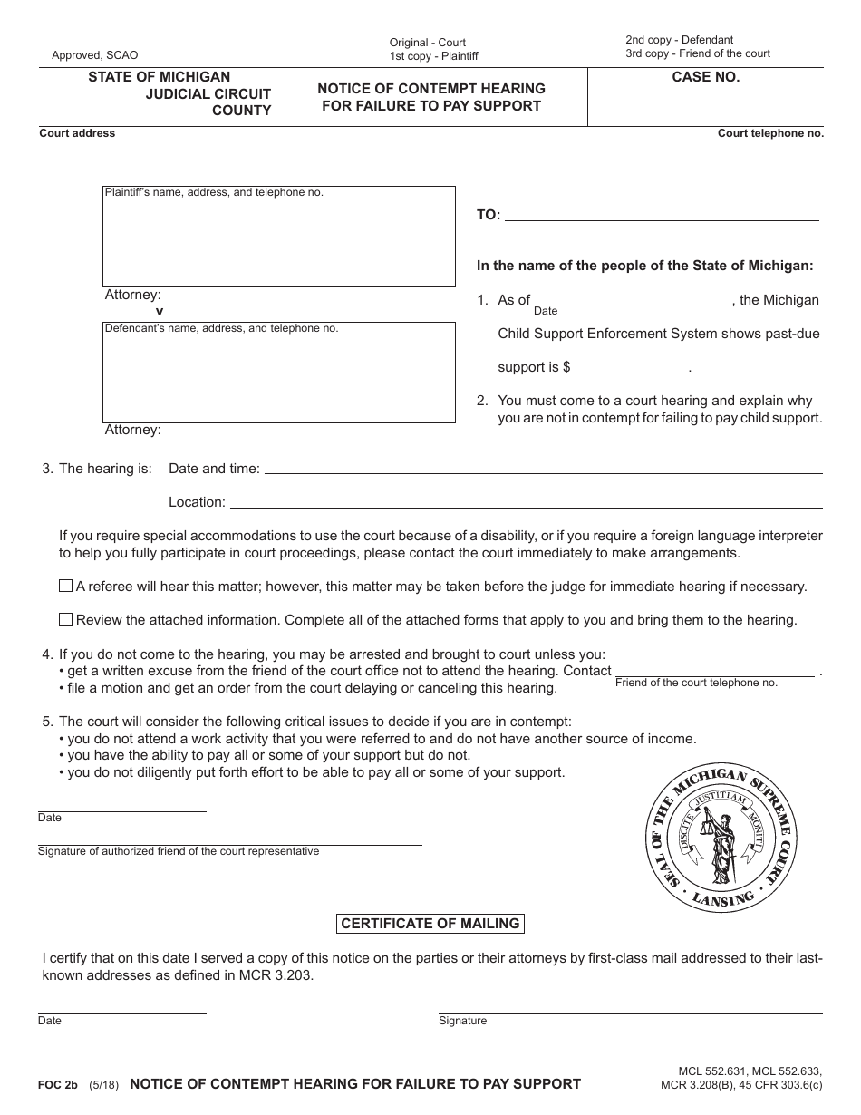 Form FOC2B Notice of Contempt Hearing for Failure to Pay Support - Michigan, Page 1