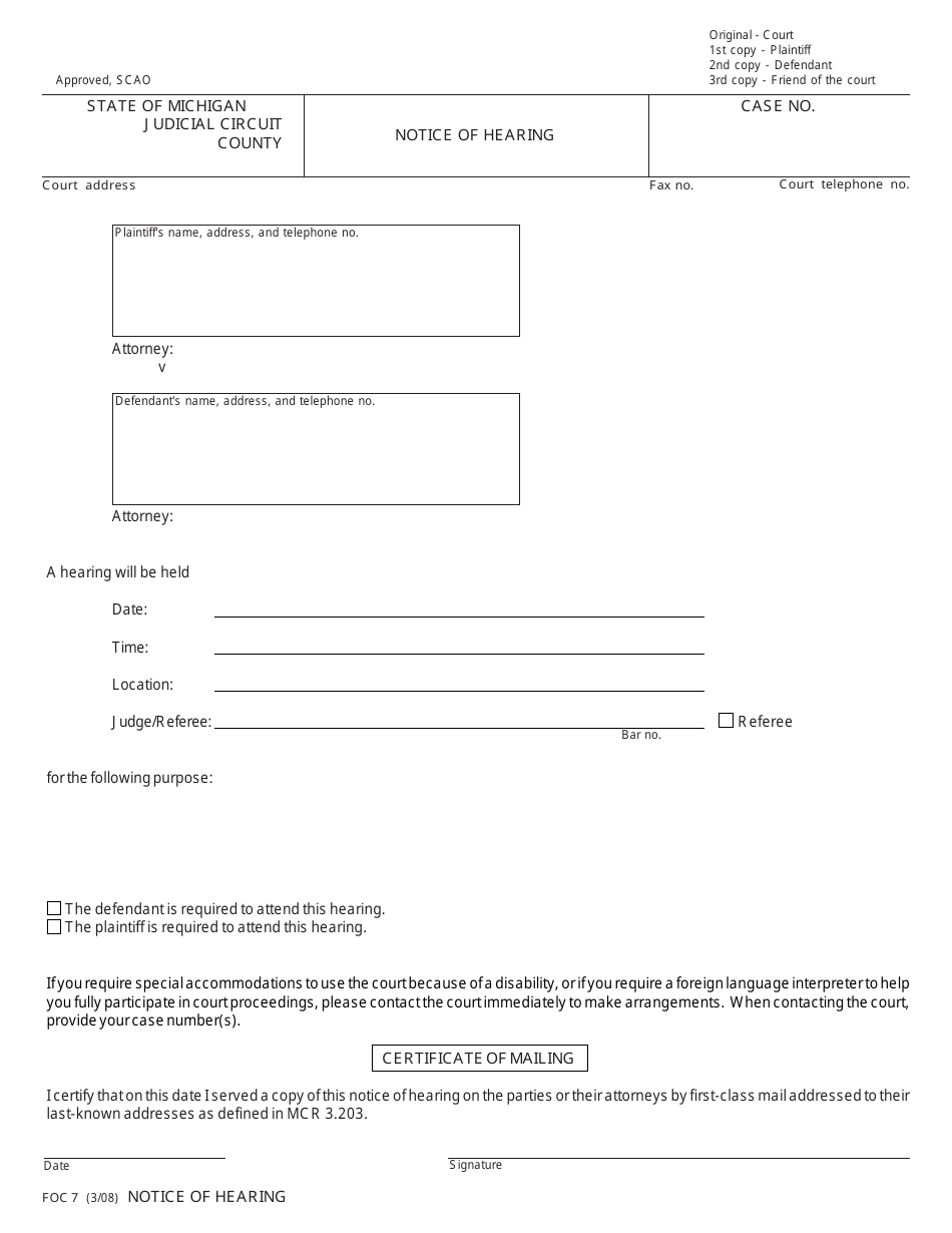 Form FOC7 - Fill Out, Sign Online and Download Fillable PDF, Michigan ...