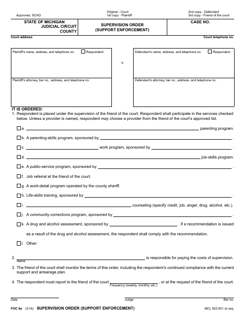 Form FOC6A Supervision Order (Support Enforcement) - Michigan