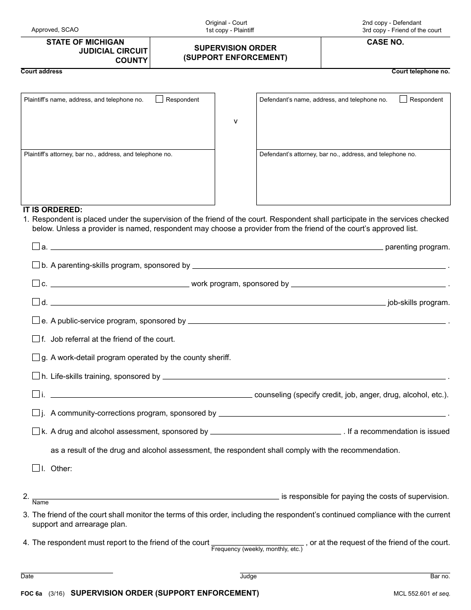 Form FOC6A Supervision Order (Support Enforcement) - Michigan, Page 1