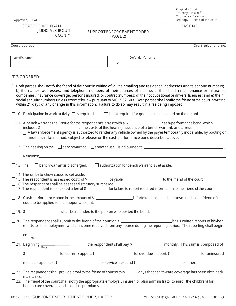 Form FOC6 Support Enforcement Order - Michigan, Page 2
