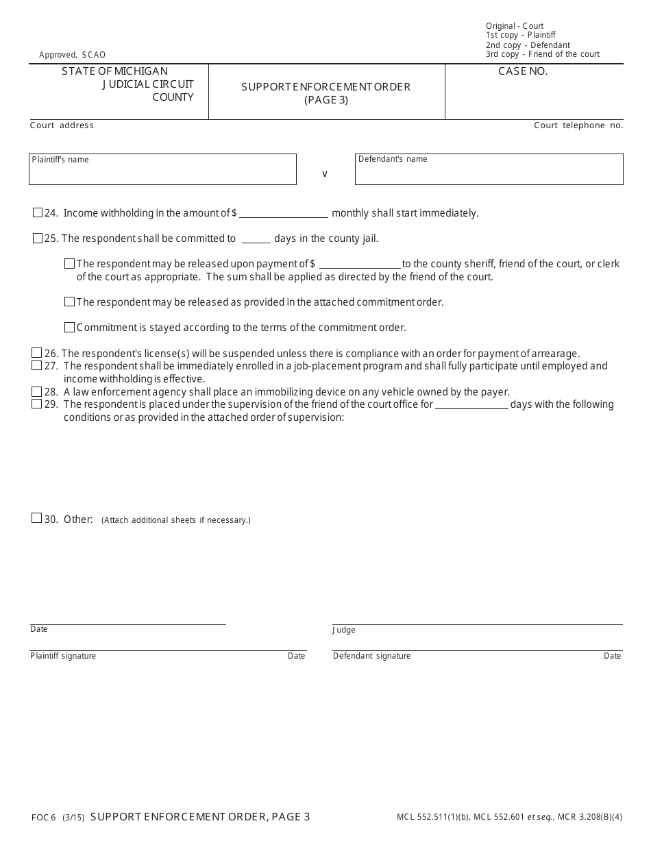 Form FOC6 Support Enforcement Order - Michigan, Page 3