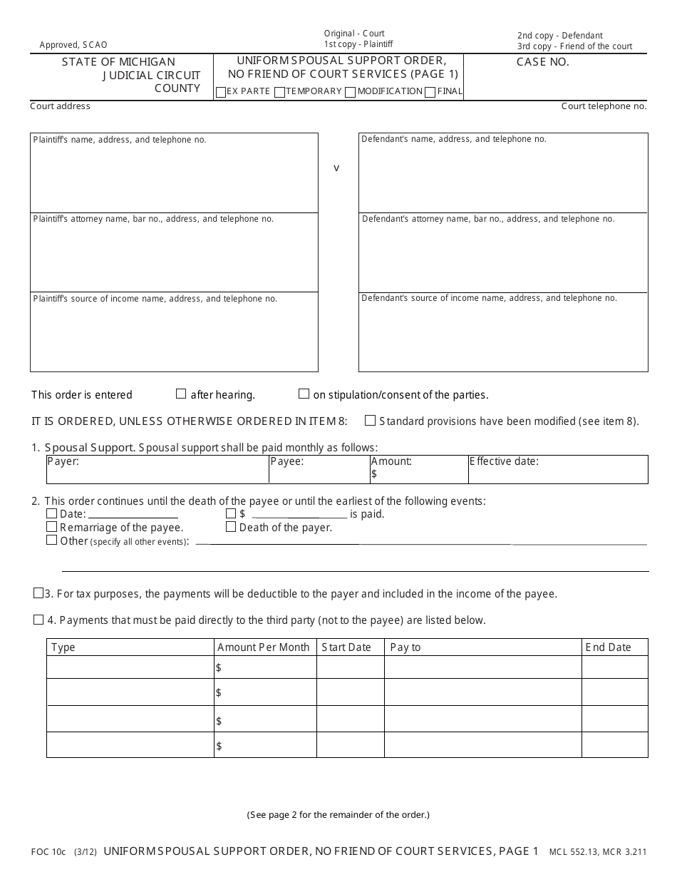 Form FOC10C Uniform Spousal Support Order, No Friend of the Court Services - Michigan, Page 1