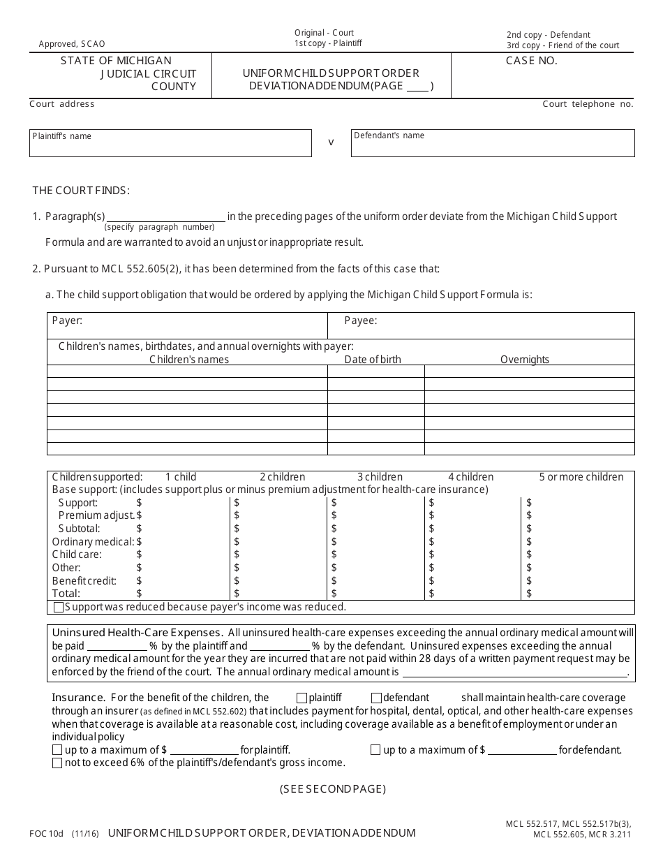 Form FOC10D Uniform Child Support Order - Deviation Addendum - Michigan, Page 1
