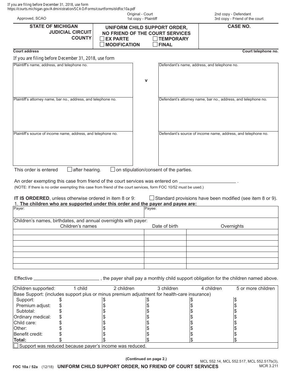 Form FOC10A Uniform Child Support Order, No Friend of the Court Services - Michigan, Page 1