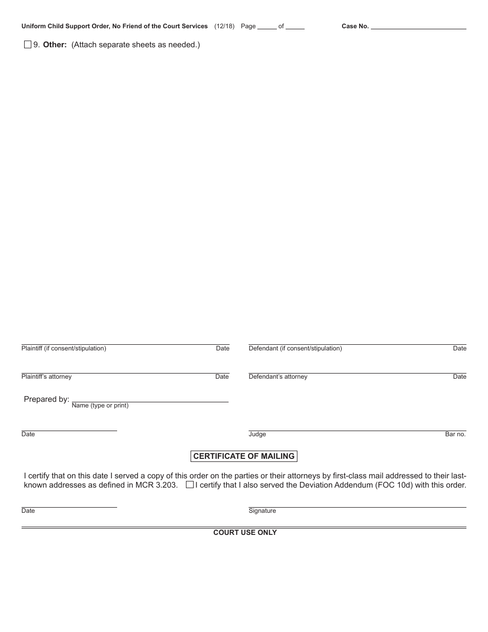 Form FOC10A Uniform Child Support Order, No Friend of the Court Services - Michigan, Page 3