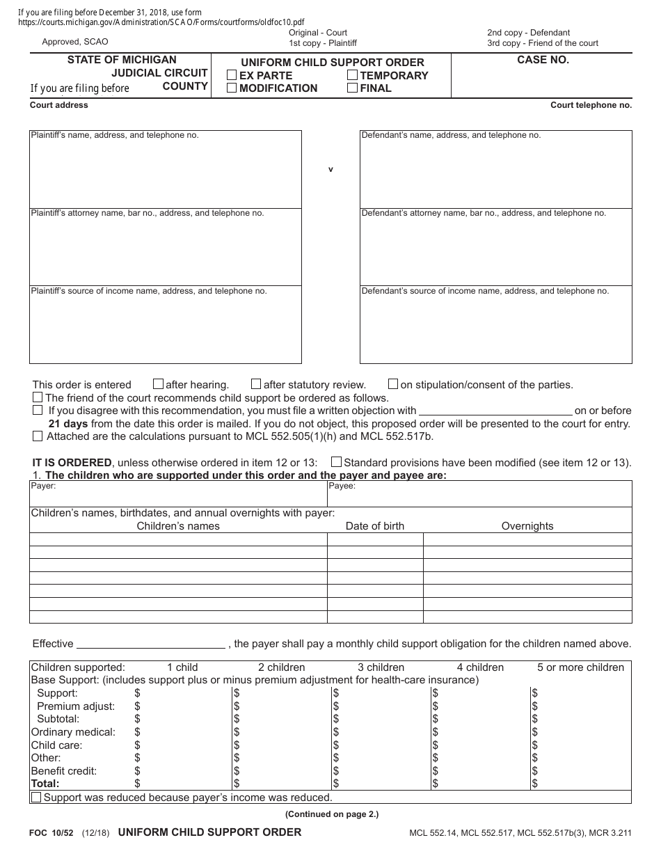 Form FOC10 Uniform Child Support Order - Michigan, Page 1