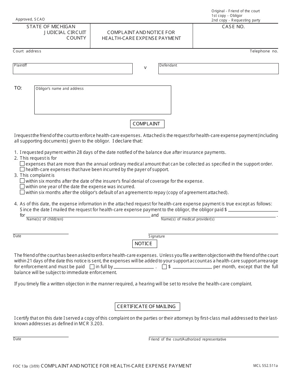 Form FOC13A Complaint and Notice for Health-Care Expense Payment - Michigan, Page 1