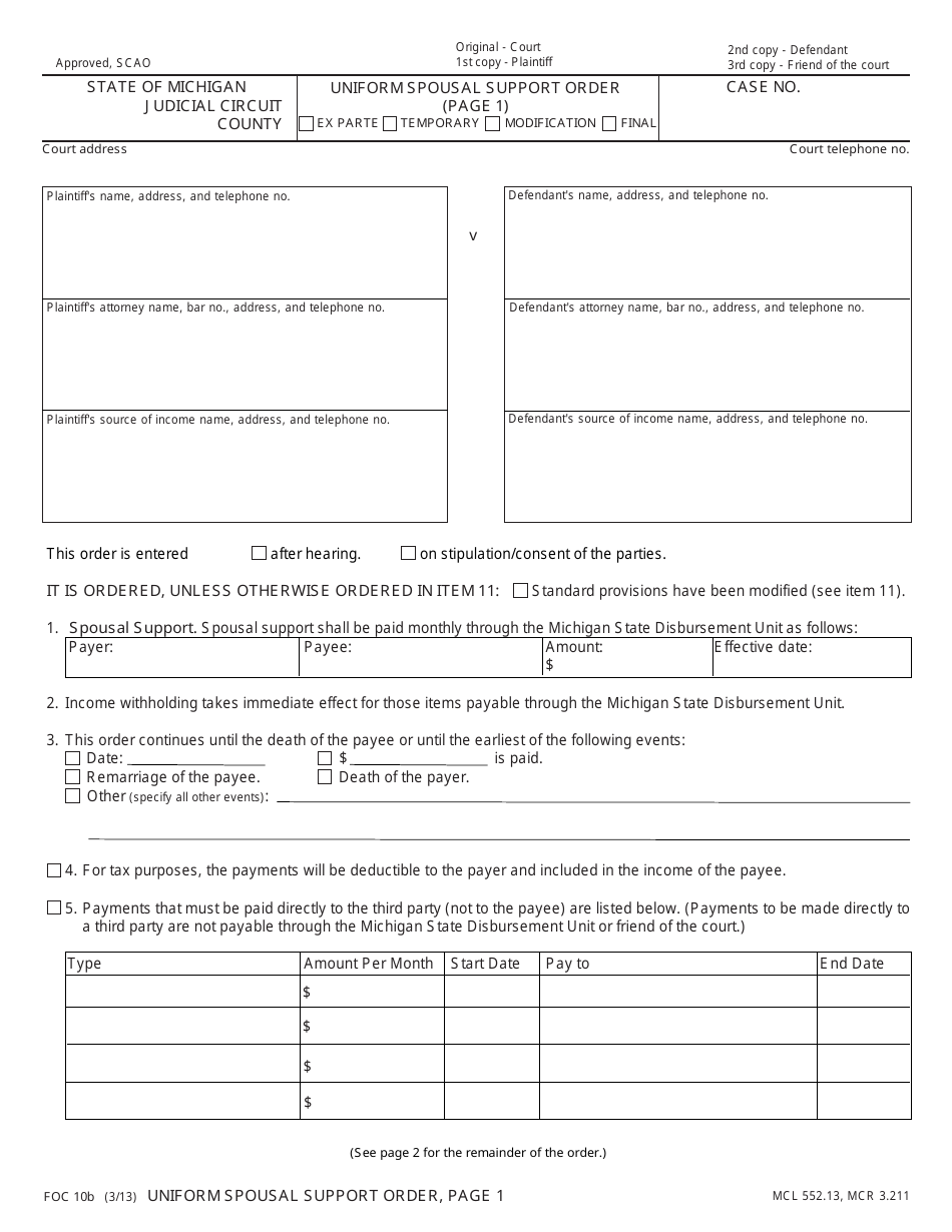 Form FOC10B Uniform Spousal Support Order - Michigan, Page 1