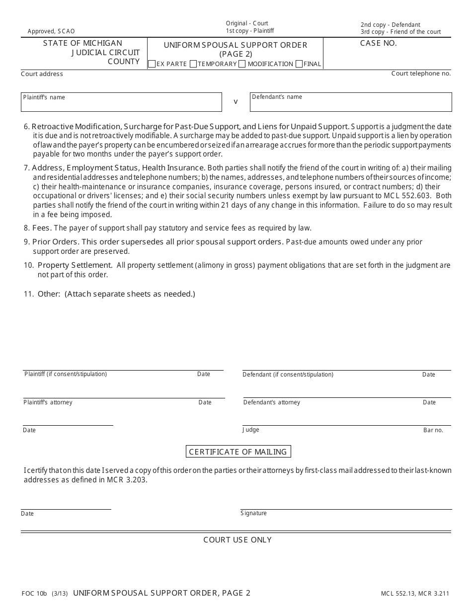 Form FOC10B Uniform Spousal Support Order - Michigan, Page 2