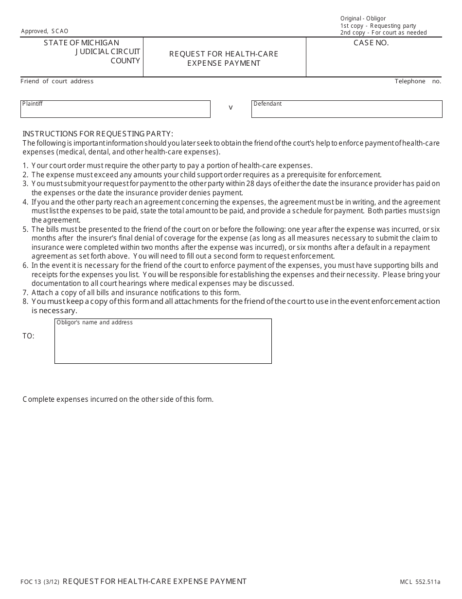 Form FOC13 Request for Health-Care Expense Payment - Michigan, Page 1
