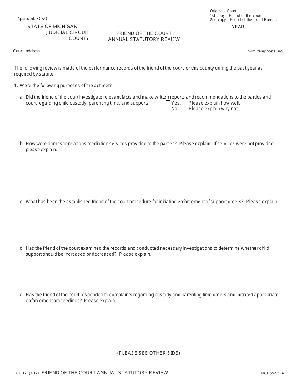 Form FOC17 Friend of the Court Annual Statutory Review - Michigan, Page 1