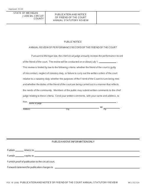 Form FOC18 Publication and Notice of Friend of the Court Annual Statutory Review - Michigan