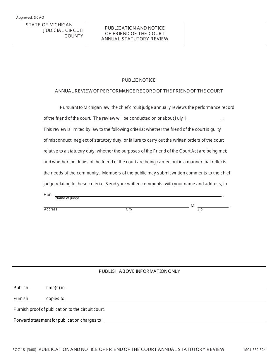 Form FOC18 Publication and Notice of Friend of the Court Annual Statutory Review - Michigan, Page 1