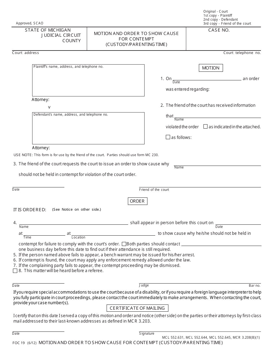 Form FOC19 Motion and Order to Show Cause for Contempt (Custody / Parenting Time) - Michigan, Page 1