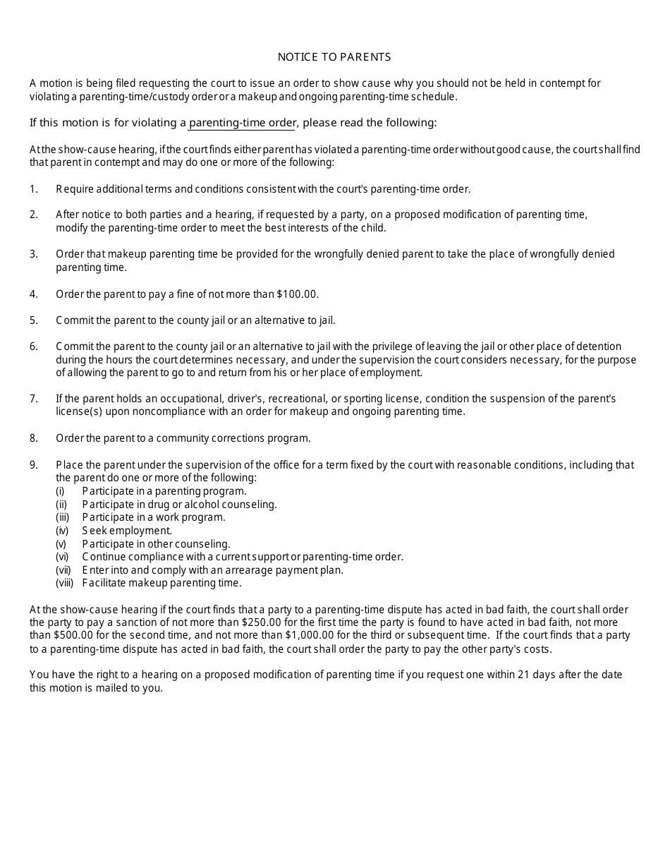 Form FOC19 Motion and Order to Show Cause for Contempt (Custody / Parenting Time) - Michigan, Page 2